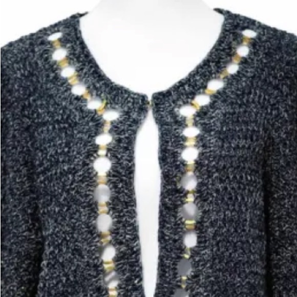 ELIE TAHARI Navy Blue Cardigan Gold Brass Rings Fringe Tassel Jacket.  Medium - Picture 5 of 9